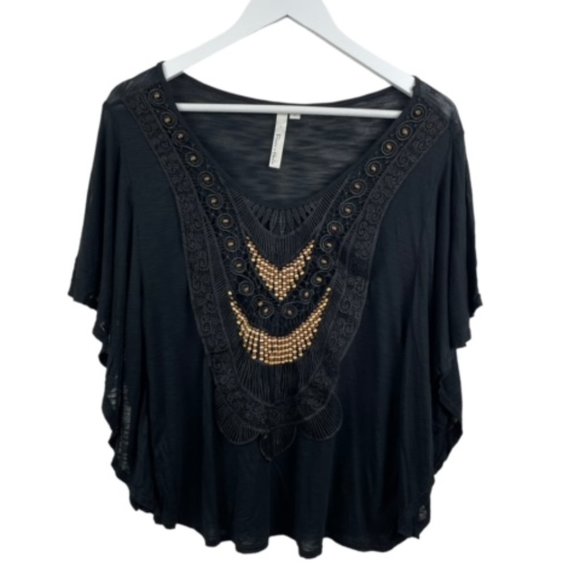 FLATS AND HEELS Womens L Black Boho Wood Bead Applique Flowy Semi Sheer Top - Picture 1 of 9
